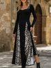 FJØRNA retro high waist leopard print patchwork dress with long sleeves and fitted silhouette, stylish and bold for casual wear.
