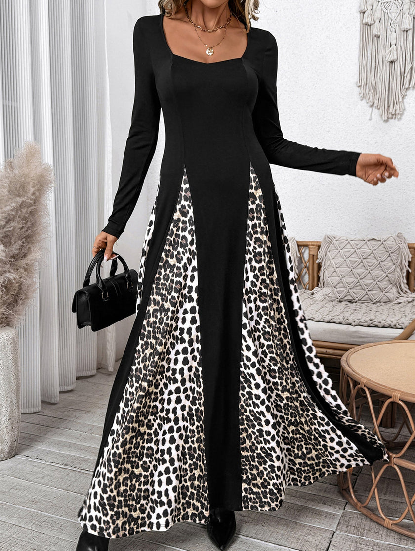 Retro high waist leopard print patchwork dress by FJØRNA, featuring bold leopard pattern and vintage-inspired design.