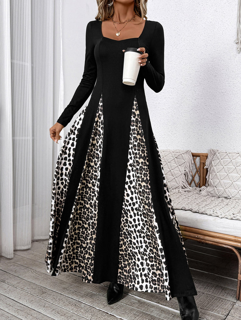 FJØRNA retro high waist leopard print patchwork dress with long sleeves and vintage-inspired design, black and beige pattern.