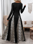 FJØRNA retro high waist leopard print patchwork dress with long sleeves and vintage style, showcasing bold animal print and unique design.