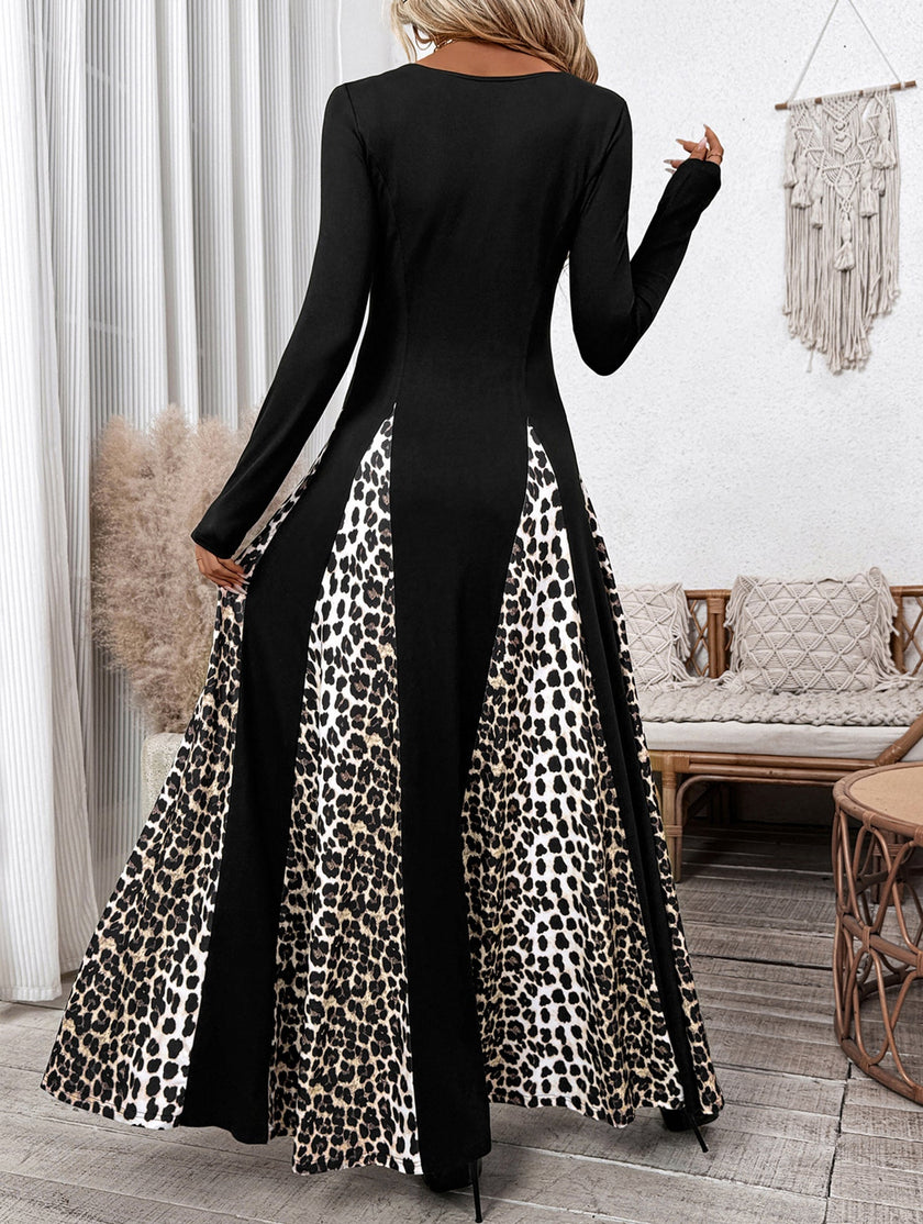 FJØRNA retro high waist leopard print patchwork dress with long sleeves and vintage style, showcasing bold animal print and unique design.