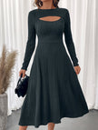 Dark grey FJØRNA casual slim dress with hollow texture, perfect for casual or wedding occasions, shown on a model.
