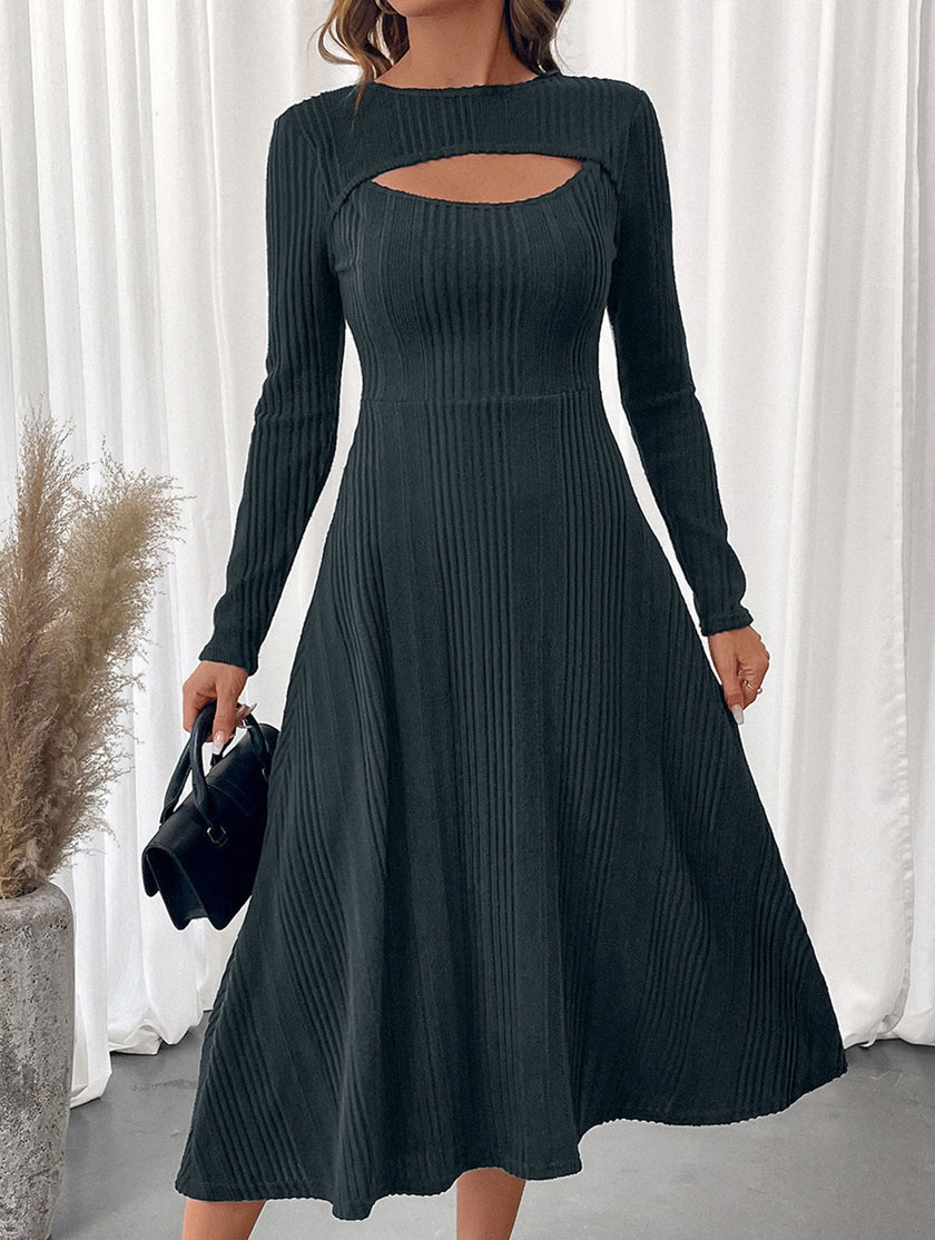 Dark grey FJØRNA casual slim dress with hollow texture, perfect for casual or wedding occasions, shown on a model.