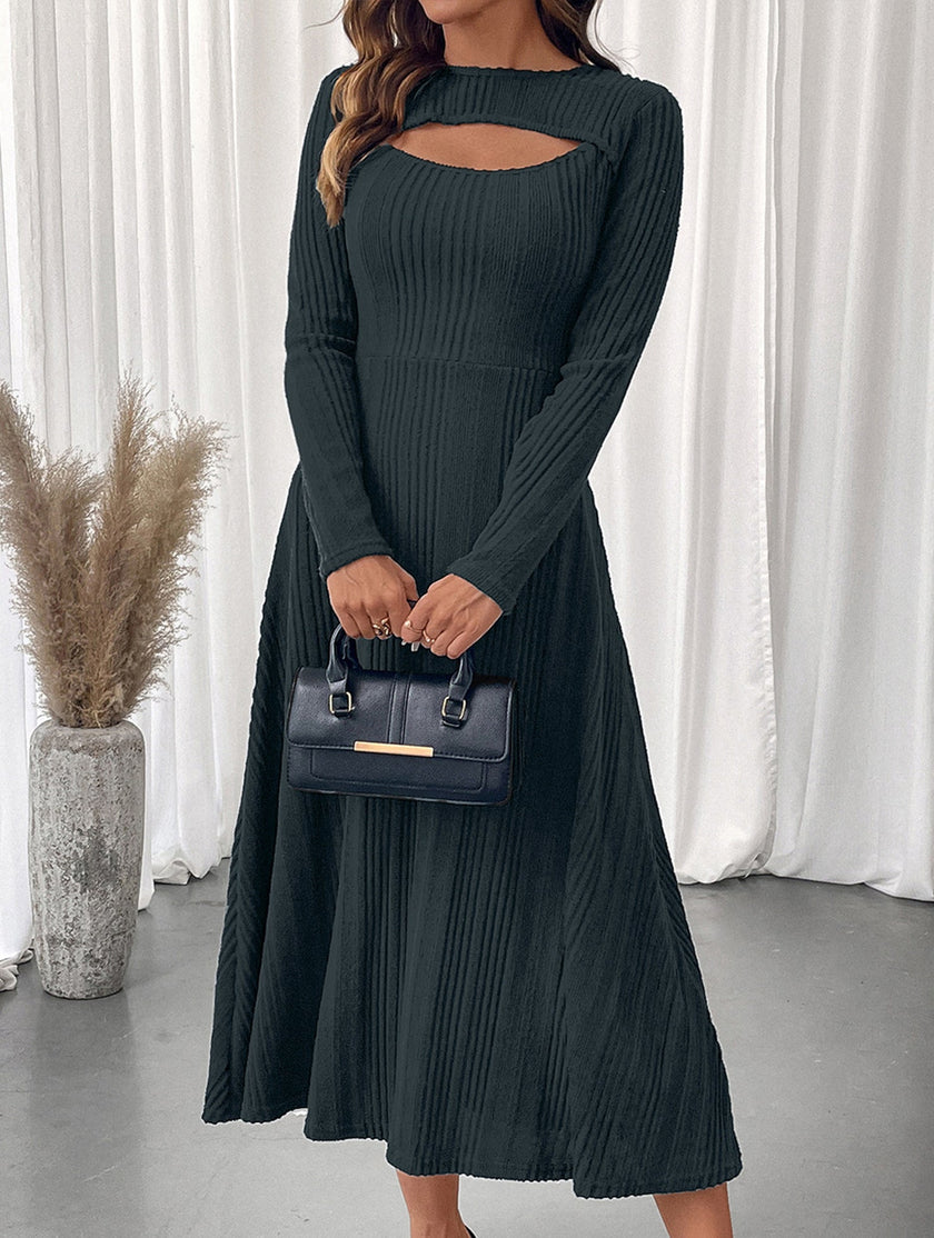Dark grey FJØRNA casual hot girl hollow texture slim dress, perfect for casual or wedding occasions, shown on a model.