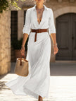 White FJØRNA solid color irregular pleated dress with flowing fabric and a stylish, modern design.