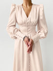 FJØRNA Retro V-neck waist dress in white, showcasing a stylish fitted dress with a V-neckline and elegant waist design.