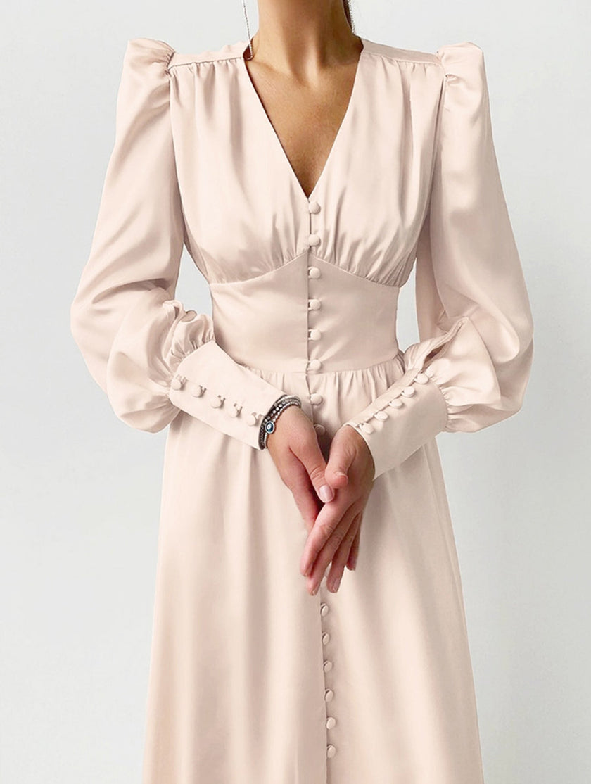 FJØRNA Retro V-neck waist dress in white, showcasing a stylish fitted dress with a V-neckline and elegant waist design.