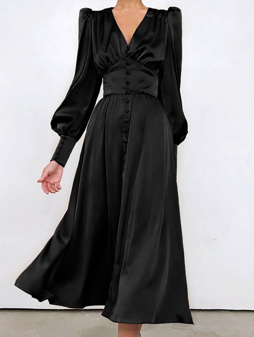 Black FJØRNA retro V-neck waist dress displayed on a hanger, showcasing its classic silhouette and elegant design.