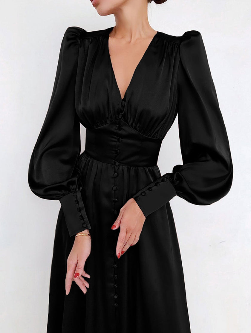 FJØRNA white retro V-neck waist dress, stylish and elegant, shown on a model with a fitted silhouette and classic design.