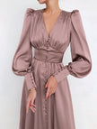 FJØRNA white retro V-neck waist dress displayed on a hanger, showcasing its classic design and elegant style.