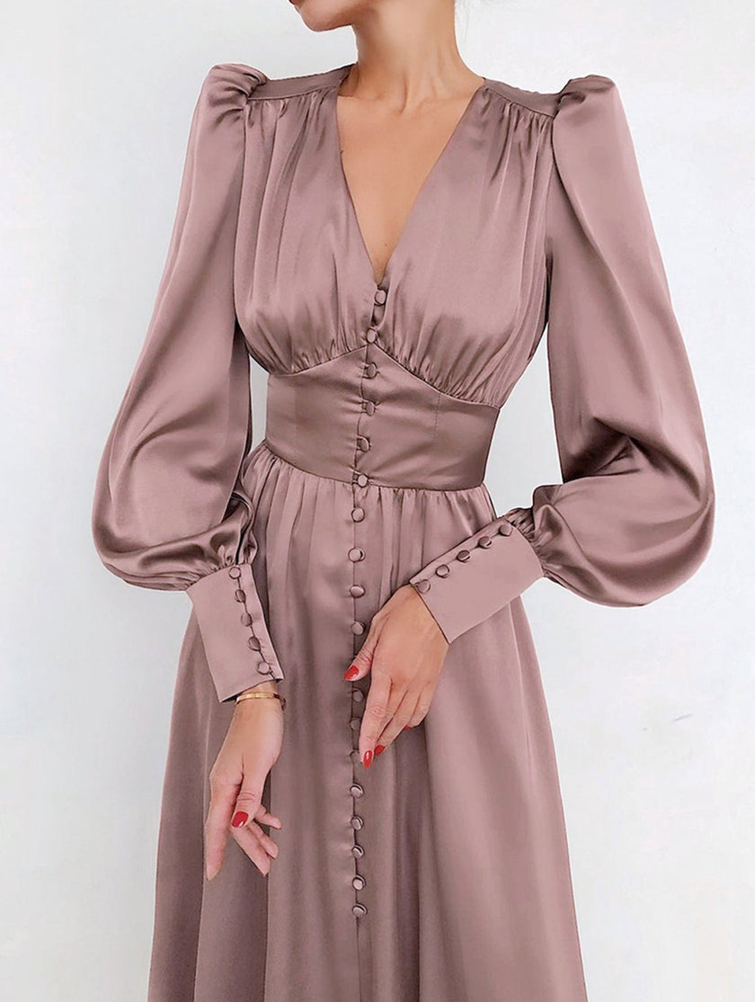 FJØRNA white retro V-neck waist dress displayed on a hanger, showcasing its classic design and elegant style.