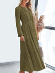 FJØRNA white V-neck pleated waist tiered long-sleeved dress, elegant and flowy, showcasing the layered design and soft fabric.