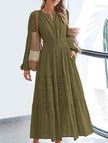 FJØRNA white V-neck pleated waist tiered long-sleeved dress, elegant and flowy with a classic design and tiered skirt detail.