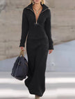 FJØRNA zipper slim fit long white dress with elegant design, shown in black in this image. Perfect for formal occasions.