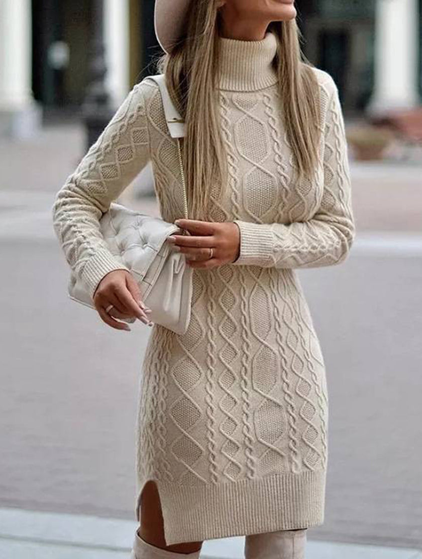 FJØRNA warm high-neck slim-fit long white dress, elegant and fitted, displayed on a mannequin with a smooth fabric finish.