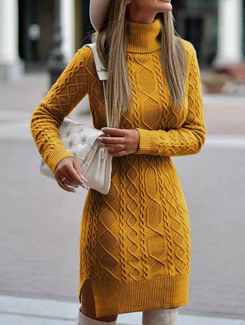 White high-neck slim-fit long dress by FJØRNA, showcasing elegant design and fitted silhouette on model.