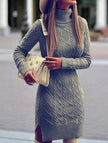 FJØRNA warm high-neck slim-fit long white dress, elegant and cozy, displayed on a model with a soft background.