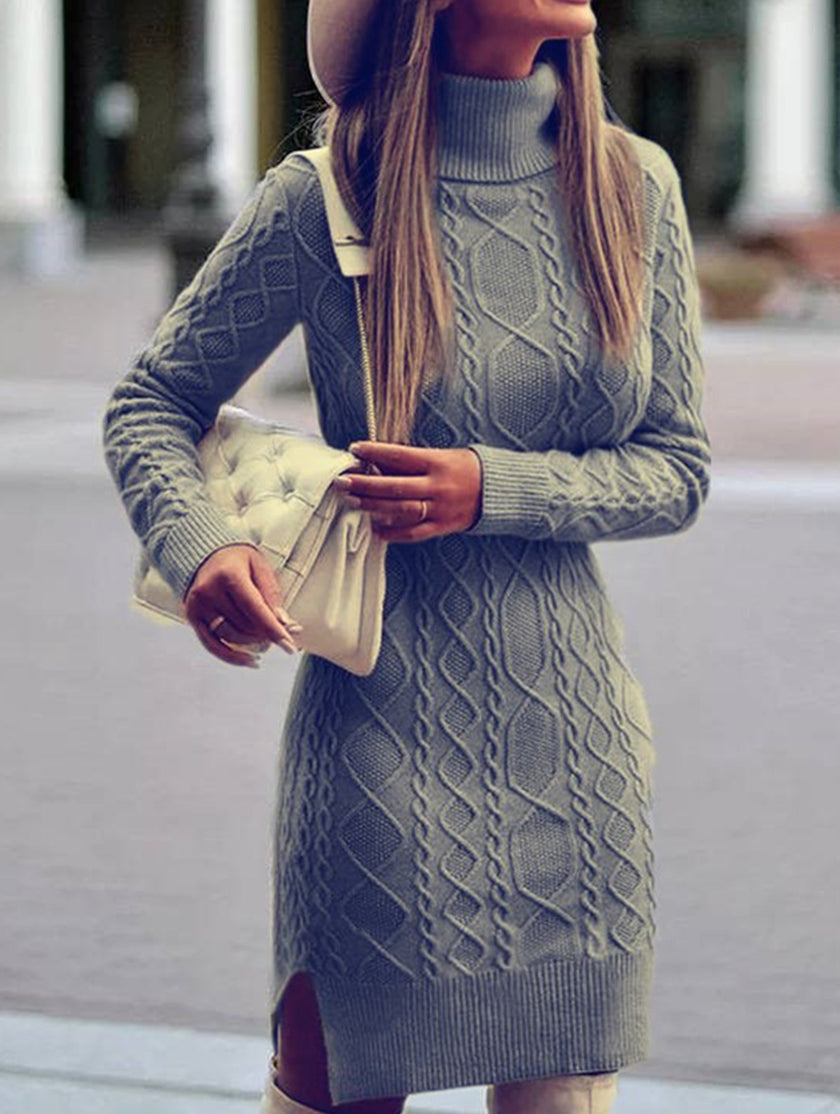 FJØRNA warm high-neck slim-fit long white dress, elegant and cozy, displayed on a model with a soft background.