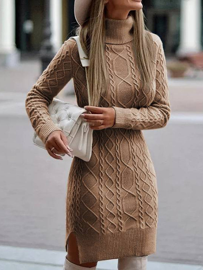 White high-neck slim-fit long dress by FJØRNA, featuring a warm, elegant design and tailored fit for sophisticated style.