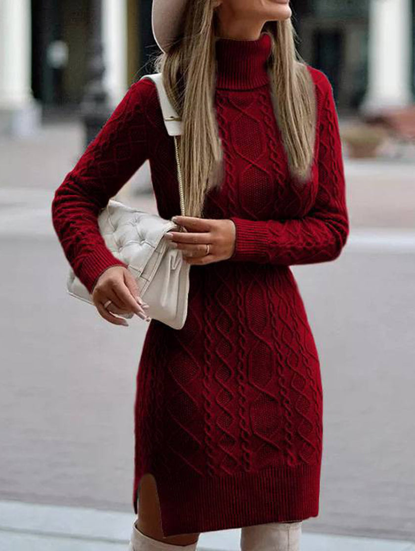 White FJØRNA warm high-neck slim-fit long dress shown on a model, highlighting its elegant, tailored design and soft fabric.