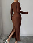 White cross neck knit slim-fit dress by FJØRNA displayed on a model, showcasing its elegant design and fitted silhouette.