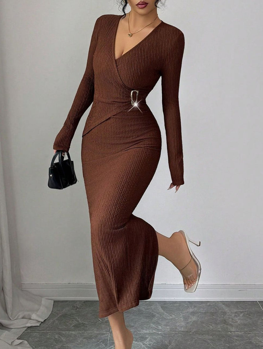 White FJØRNA cross neck knit slim-fit dress displayed on a model, showcasing a stylish and fitted design.