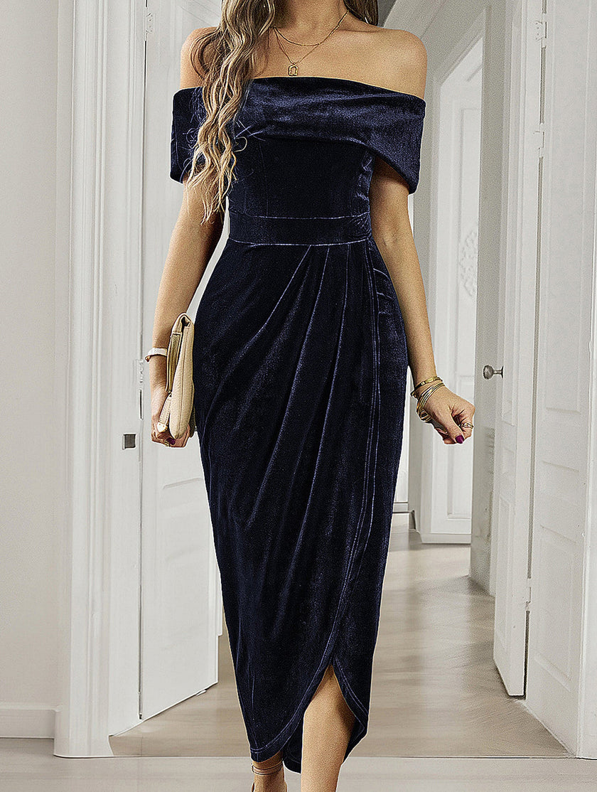 FJØRNA strapless white bodycon maxi dress displayed on a hanger, showcasing its sleek, fitted silhouette and elegant design.