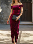 FJØRNA white strapless bodycon maxi dress displayed on a hanger, showcasing its sleek, fitted design and elegant length.