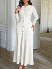 FJØRNA retro solid white bodycon dress, close-up of sleek, fitted design made from smooth fabric for elegant style.