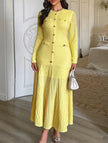 FJØRNA retro solid yellow bodycon dress, short sleeve design, form-fitting silhouette, perfect for stylish occasions.