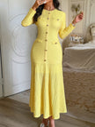 FJØRNA retro solid yellow bodycon dress, short sleeve design, form-fitting style ideal for casual or party wear.