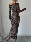 FJØRNA retro leopard print bodycon dress in black, featuring fitted silhouette and bold animal print fabric.