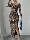 FJØRNA retro leopard print bodycon dress in brown, form-fitting design, showcasing bold animal print and stylish silhouette.