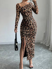 FJØRNA retro leopard print bodycon dress in brown with fitted silhouette and long sleeves, perfect for stylish occasions.