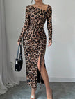 FJØRNA retro leopard print bodycon dress in brown, fitted style with long sleeves and bold animal print for a chic look.