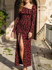 FJØRNA retro leopard print bodycon dress, red and black pattern, form-fitting dress with long sleeves and stylish design.