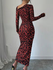 Red retro leopard print bodycon dress by FJØRNA, fitted design with bold animal print fabric, perfect for stylish occasions.