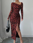 FJØRNA retro leopard print bodycon dress, red color, fitted design, showcasing the stylish and bold animal print pattern.