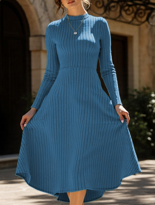 FJØRNA round neck brushed ribbed long dress in white, featuring a comfortable fit and ribbed texture for a stylish look.