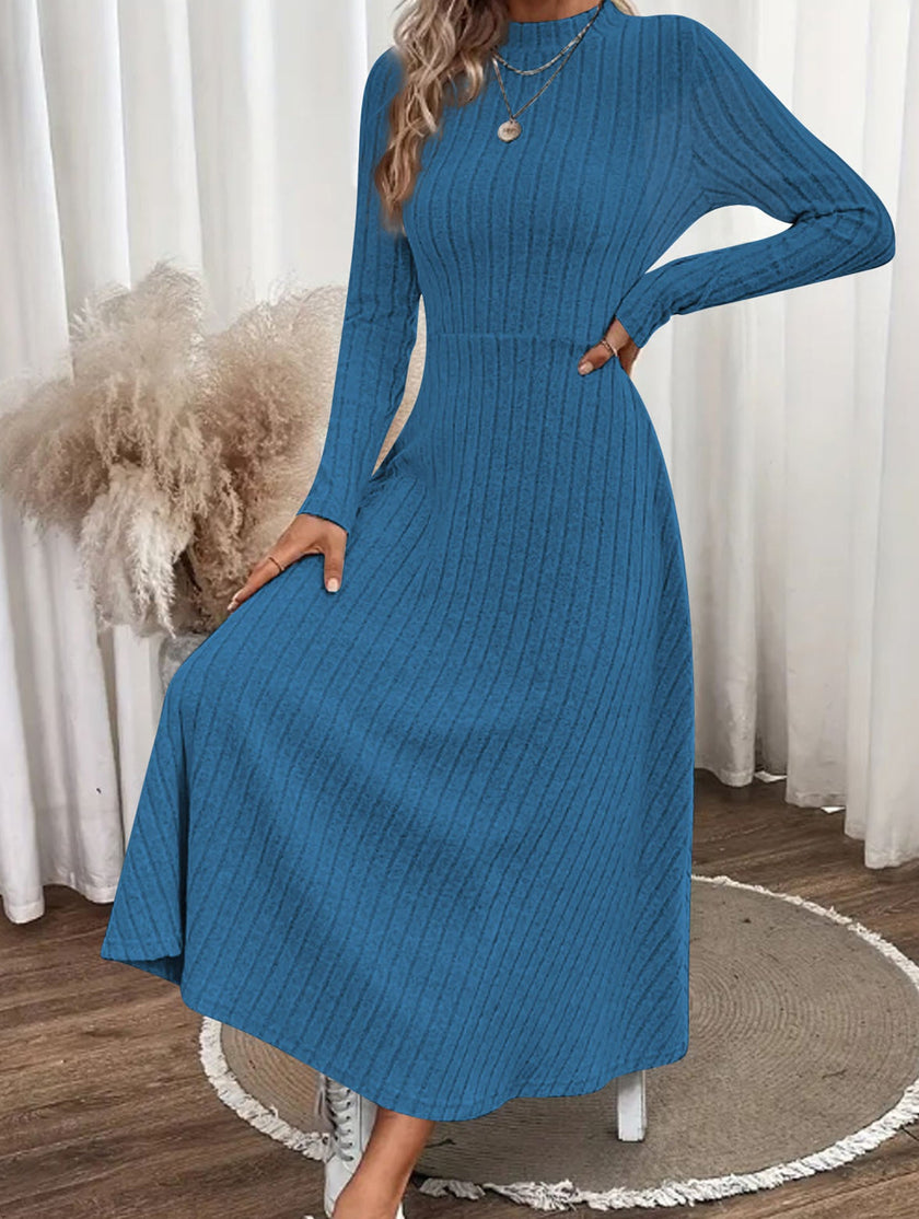 Blue FJØRNA long dress with round neck and brushed ribbed fabric, featuring a casual, comfortable fit.