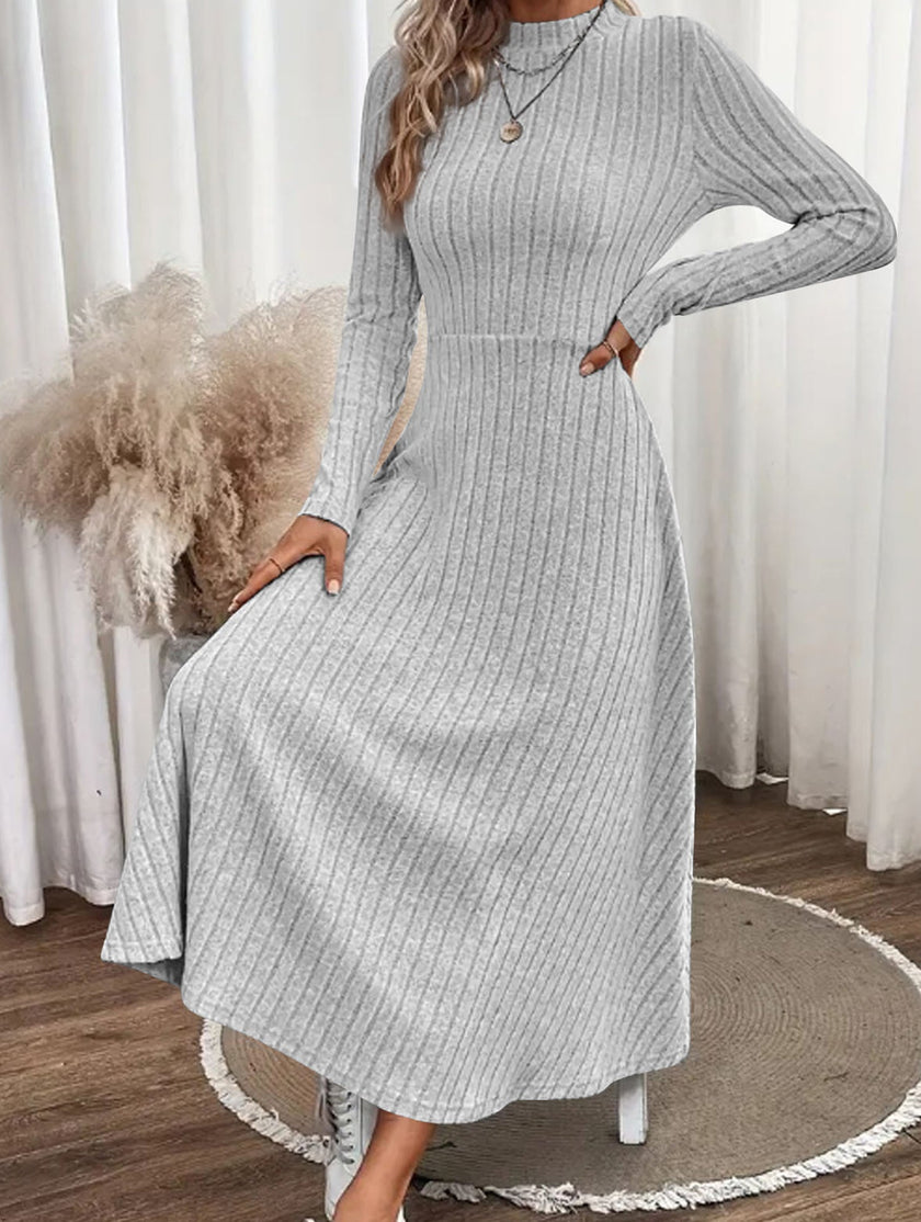 FJØRNA white brushed ribbed long dress with round neck, soft fabric, and a relaxed fit, perfect for casual wear.