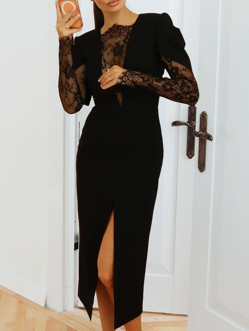 FJØRNA white openwork dress with lace slit and cinched waist, showcasing a stylish and elegant design with intricate details.