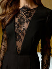 Black FJØRNA openwork lace slit dress with cinched waist, featuring a stylish and elegant design perfect for evening wear.
