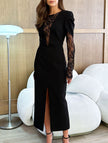 Black openwork lace dress with slit and cinched waist by FJØRNA, showcasing intricate lace details and a stylish fitted silhouette.