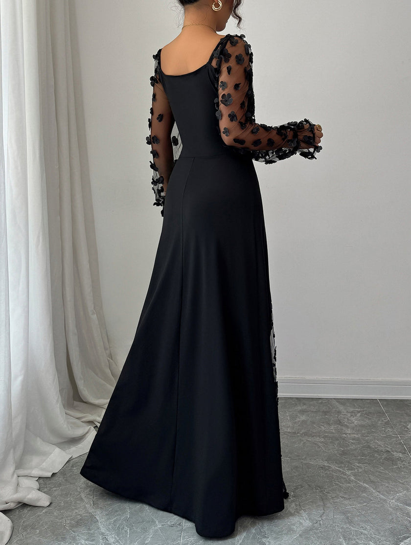 Black retro-style hollowed-out long-sleeved dress by FJØRNA featuring a unique cut-out design and fitted silhouette.