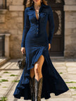Blue slim-fit zippered long dress with stand-up collar and slit by FJØRNA, featuring a modern, elegant design.