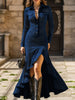 Blue slim-fit zippered long dress with stand-up collar and slit by FJØRNA, featuring a modern, elegant design.