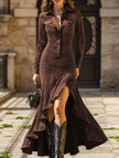 White slim-fit zippered long dress with stand-up collar and slit by FJØRNA, shown in dark coffee color.
