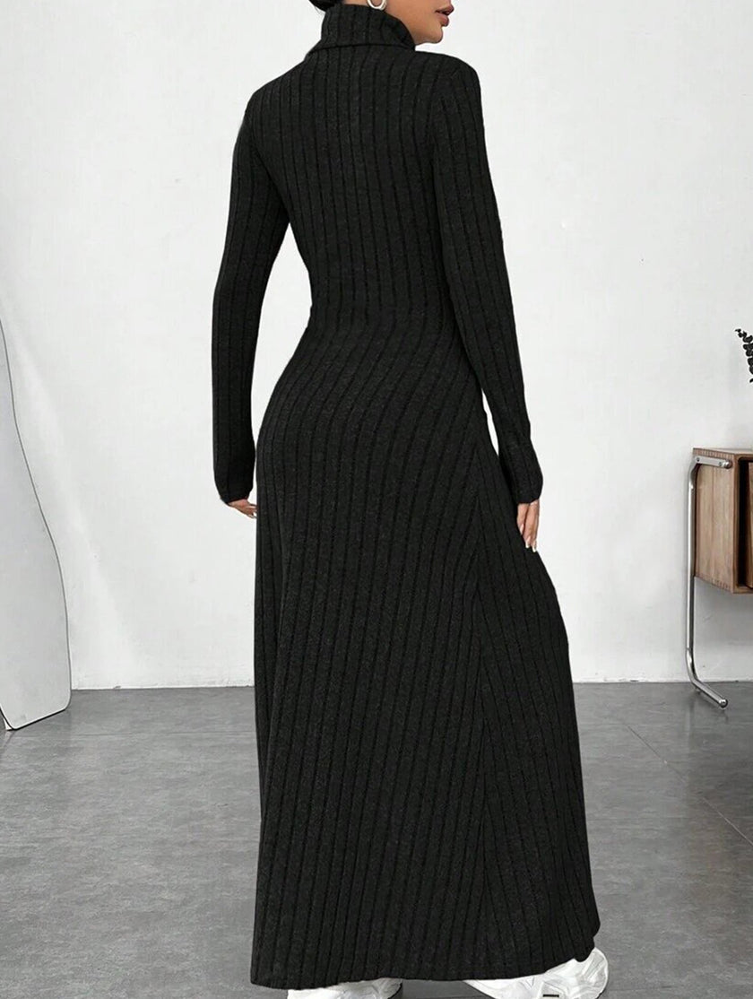 FJØRNA solid white ribbed brushed long-sleeved dress, close-up showing soft fabric and fitted style on a mannequin.
