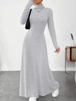 FJØRNA solid light grey ribbed long-sleeved brushed dress, casual style, close-up of fabric and fit.